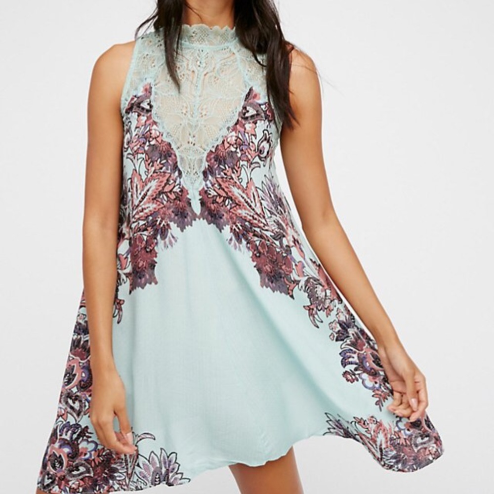 Scalloped Lace Mock Neck DRESS Marsha Printed Slip - Picture 2 of 8